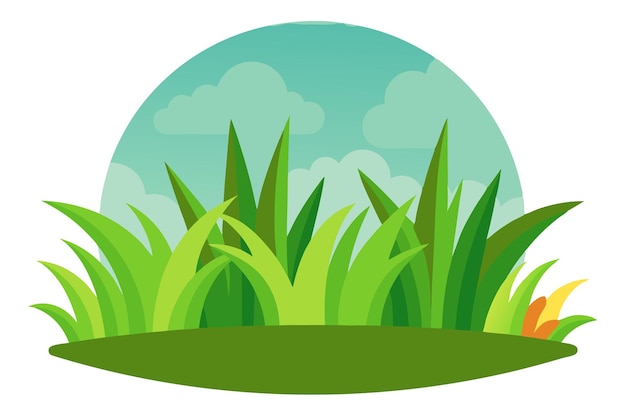 Vector cartoon illustration of a green grassy landscape with a blue sky and clouds