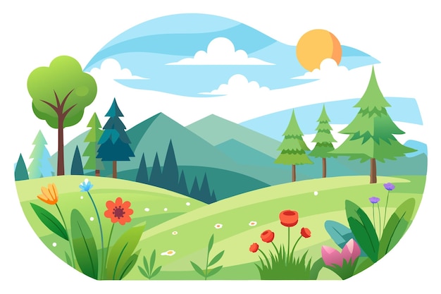 Vector a cartoon illustration of a green meadow with flowers and trees under a blue sky