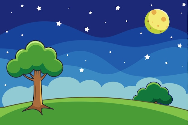 Vector a cartoon illustration of a green tree with the moon and the stars on the sky