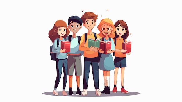 Vector a cartoon illustration of a group of kids with books