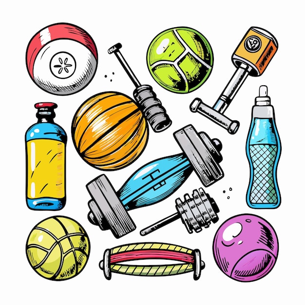 Cartoon illustration of gym equipment with dumbbell weights ball bottle and jump rope