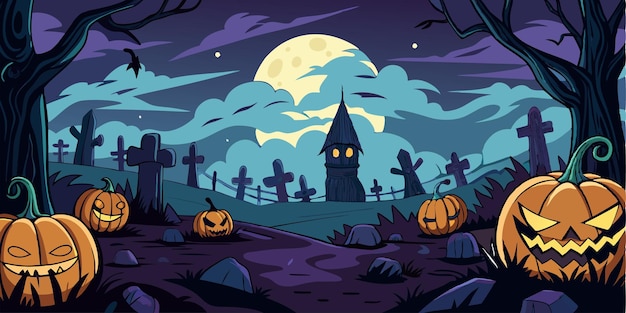 Vector a cartoon illustration of a halloween scene with pumpkins and a full moon in the background