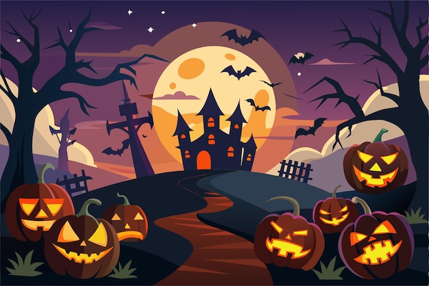 Vector a cartoon illustration of a halloween scene with pumpkins and a full moon behind them