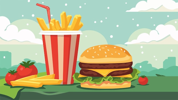 a cartoon illustration of a hamburger and fries