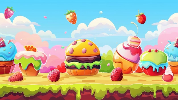 Vector a cartoon illustration of a hamburger and a strawberry cake