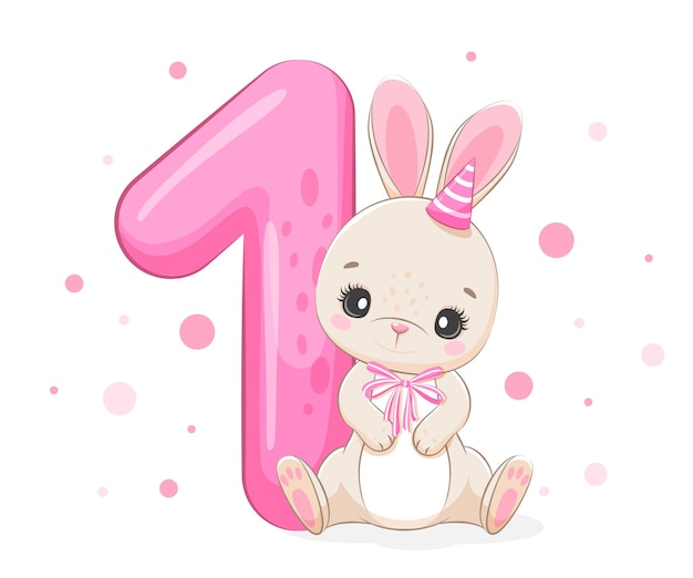 Cartoon illustration Happy birthday 1 year cute bunny Vector illustration