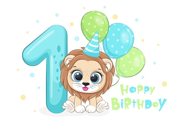 Cartoon illustration "Happy birthday, 1 year", cute lion. Vector illustration.