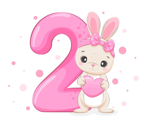 Cartoon illustration Happy birthday 2 year cute bunny Vector illustration