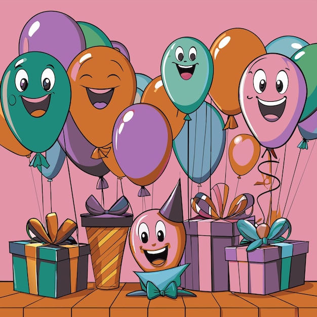 Vector a cartoon illustration of a happy birthday card with balloons and a cartoon character