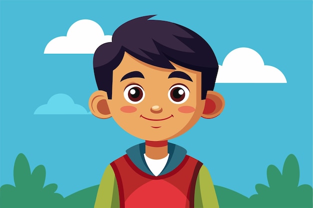 Vector a cartoon illustration of a happy boy with black hair wearing a red sweater against a blue sky with clouds add files customizable cartoon illustration