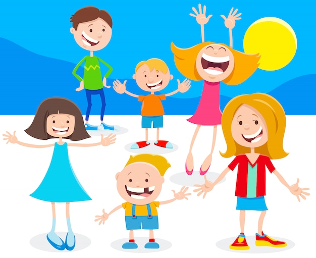 Cartoon Illustration of Happy Children or Teens