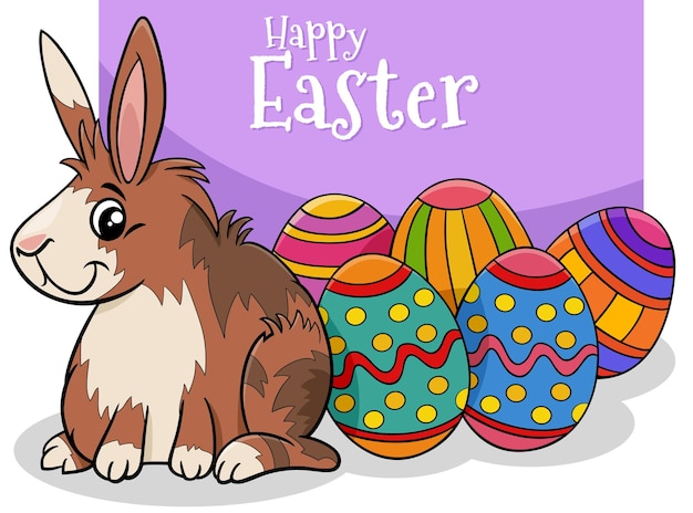 Cartoon illustration of happy Easter Bunny character with colored Easter eggs