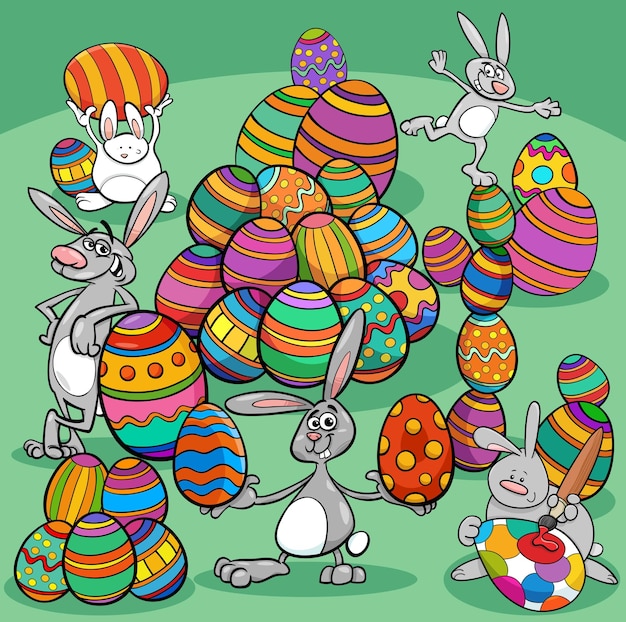 Cartoon illustration of happy Easter bunny characters with Easter eggs