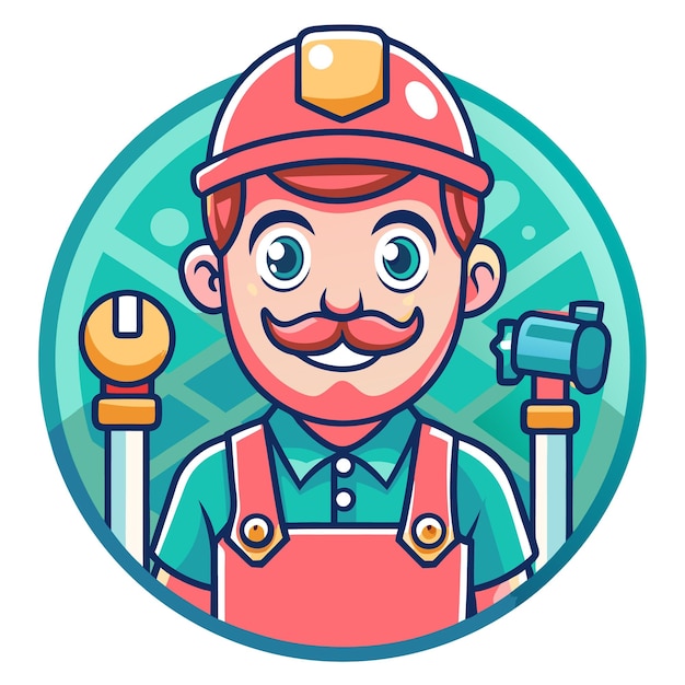 Cartoon illustration of a happy plumber wearing a red hard hat overalls and a mustache holding a wrench and a pipe