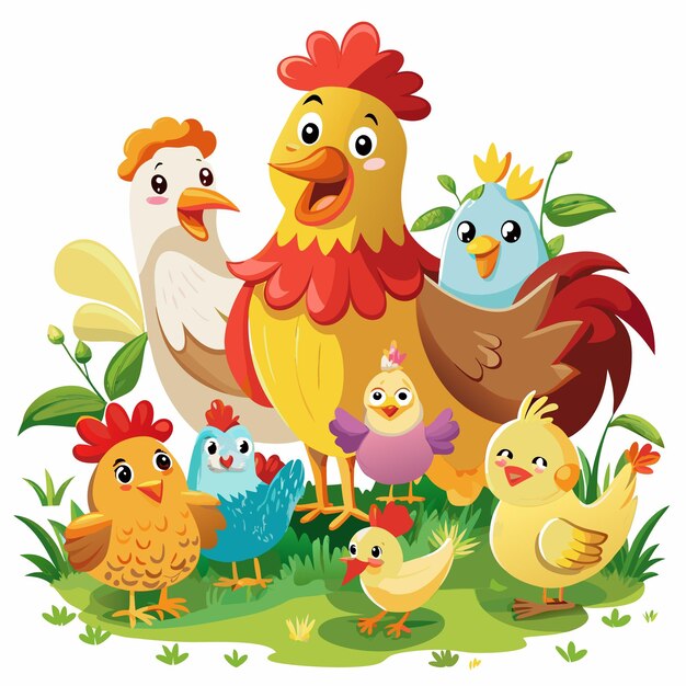 Vector a cartoon illustration of a happy rooster and hens in a grassy field