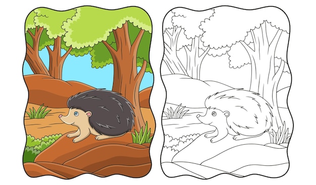 Cartoon illustration a hedgehog walking in the forest alone looking for food book or page for kids