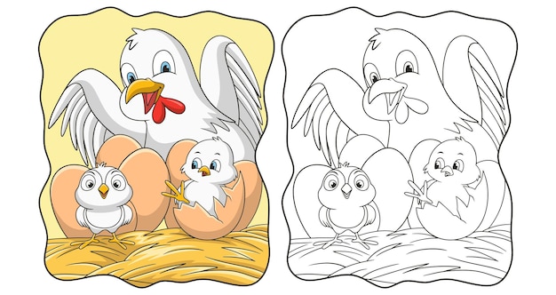 Cartoon illustration hen who is incubating her eggs book or page for kids