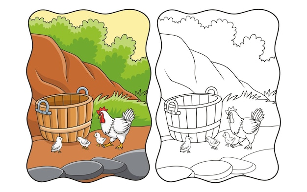 Cartoon illustration hen with her chicks looking for food near the grass basket book or page for kids