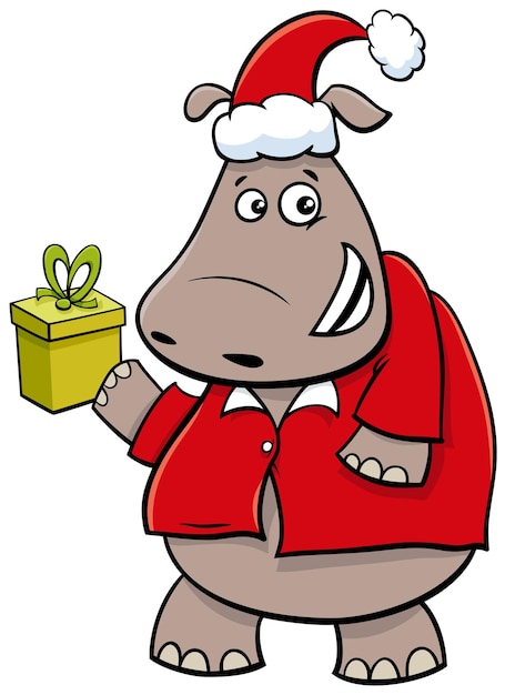 Cartoon illustration of hippopotamus animal character with present on Christmas time