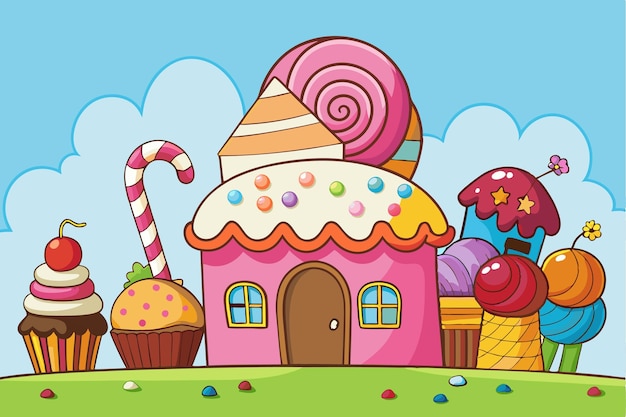 Vector a cartoon illustration of a house with a candy bar and a candy house