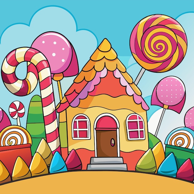 a cartoon illustration of a house with a candy cane on it