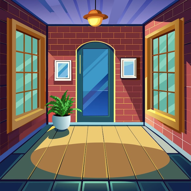 a cartoon illustration of a house with a door and a potted plant on the floor