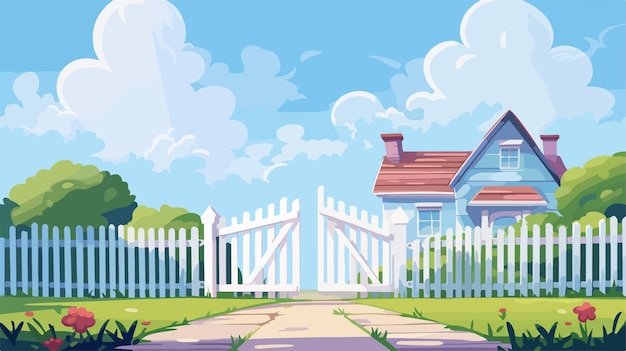 a cartoon illustration of a house with a fence and a blue sky with clouds