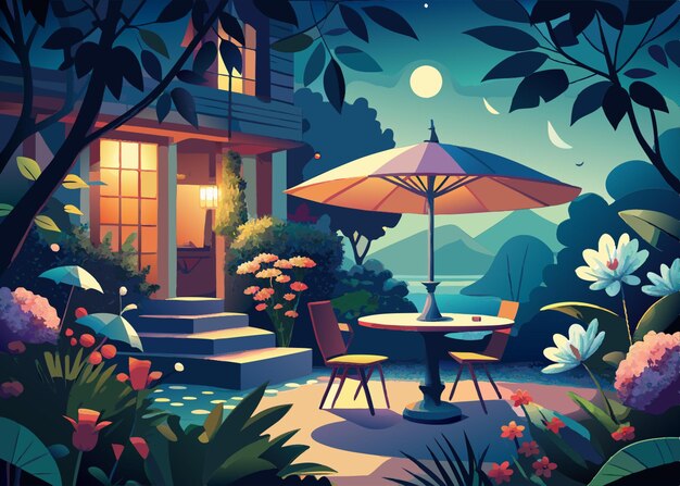 Vector a cartoon illustration of a house with a patio and a patio with a patio table and umbrella