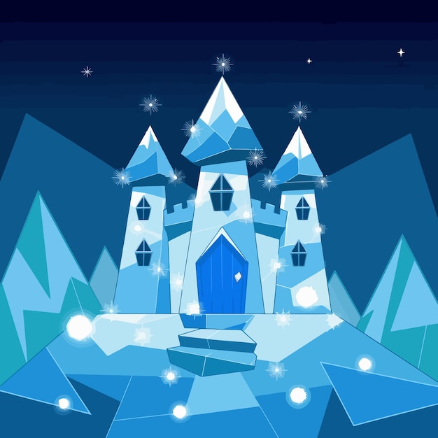 Vector a cartoon illustration of an ice castle with three towers a blue door and small windows