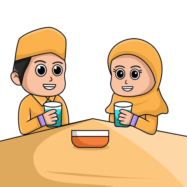 Cartoon illustration of an Islamic child doing a learning activity