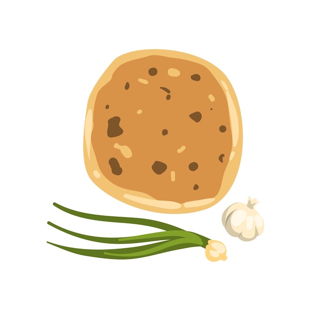 Cartoon illustration of khachapuri green onion and garlic Traditional Georgian dish of cheesefilled bread National cuisine of Georgia Flat vector icon