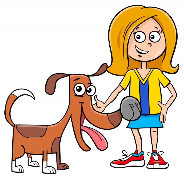 Cartoon Illustration of Kid Girl with Funny Dog or Puppy