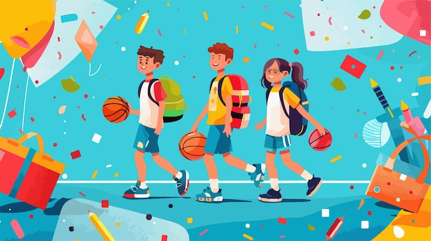 Vector a cartoon illustration of kids playing basketball with a banner that says  the kids