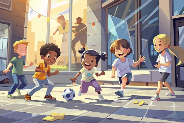 Vector a cartoon illustration of kids playing soccer in a city