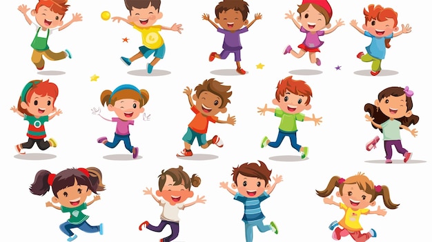 a cartoon illustration of kids running and playing on a white background