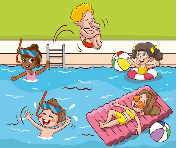 a cartoon illustration of kids swimming in the water with a girl in the water