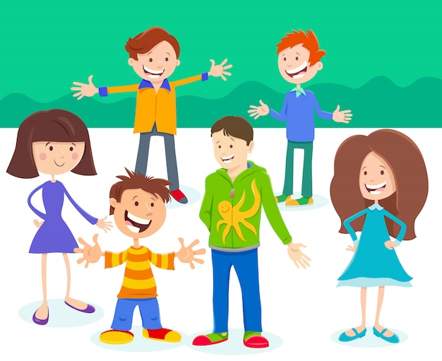 Cartoon Illustration of Kids or Teenagers Group