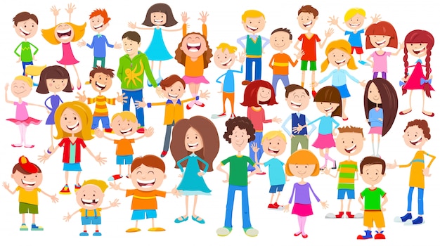 Cartoon Illustration of Kids and Teens Crowd