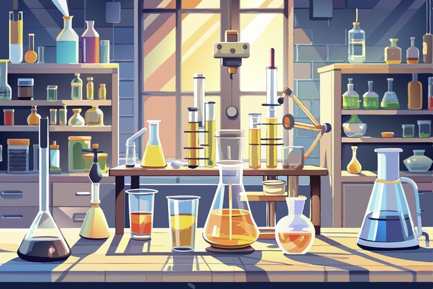 Vector a cartoon illustration of a laboratory with a bottle of liquid and a bottle of liquid