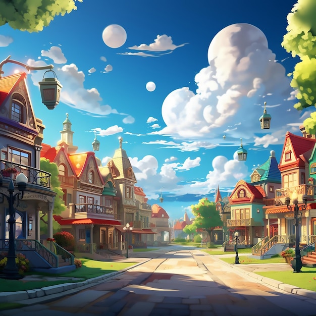 Vector cartoon illustration landscape house nature background scene summer fairy beautiful town village c