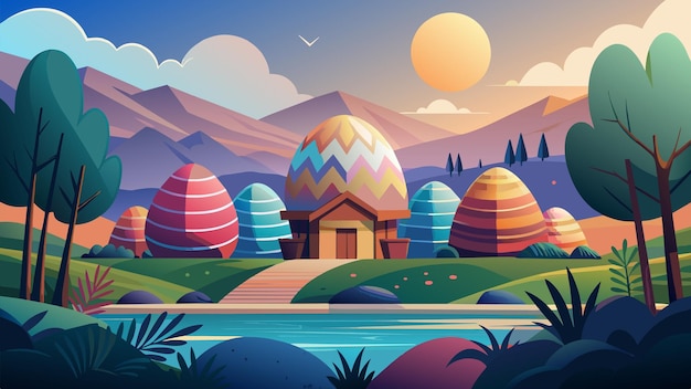 a cartoon illustration of a landscape with colorful eggs and mountains