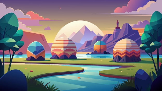 Vector a cartoon illustration of a landscape with mountains and river