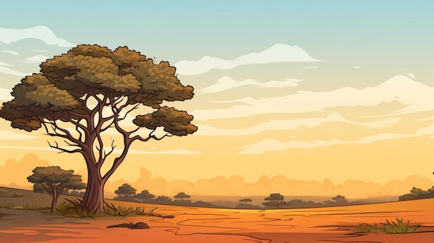 Vector a cartoon illustration of a landscape with trees and a sunset