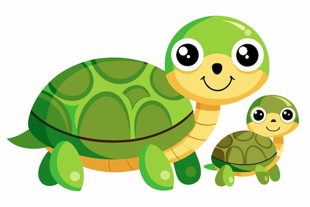 Vector cartoon illustration of a large turtle and a small turtle