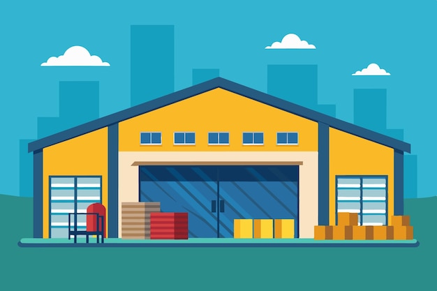 A cartoon illustration of a large yellow warehouse building with its doors open and boxes stacked in front of it