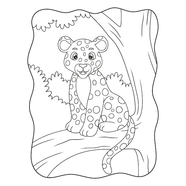 Cartoon illustration the leopard is sitting proudly on a big and tall tree trunk to watch its prey from above book or page for kids black and white