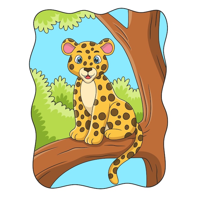 Cartoon illustration the leopard is sitting proudly on a big and tall tree trunk to watch its prey from above