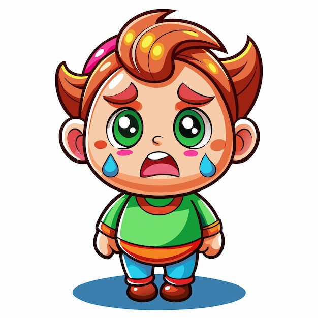 A cartoon illustration of a little boy crying with tears in his eyes