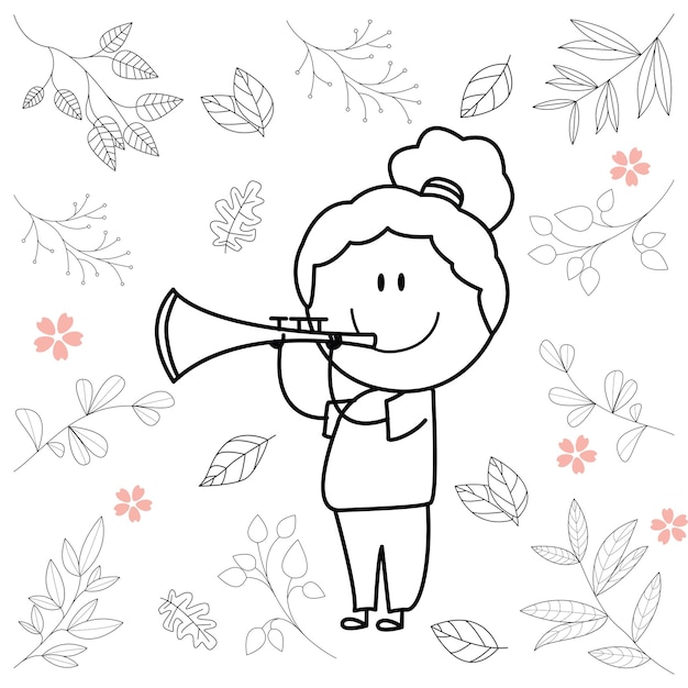 Cartoon illustration of little boy having fun playing the trumpet