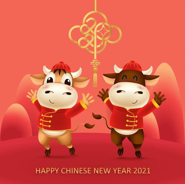 Cartoon illustration of little ox with Red Chinese traditional costume. Zodiac symbol of the year 2021 .Chinese New Year, the year of the ox.